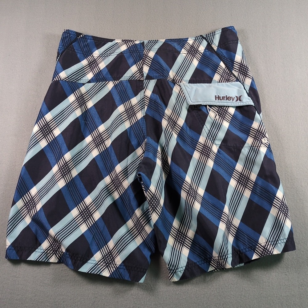 Vtg Hurley Mens Sz L Plaid Board Short Blue Swim Trunks Tie Waist 21" Length - Picture 4 of 5